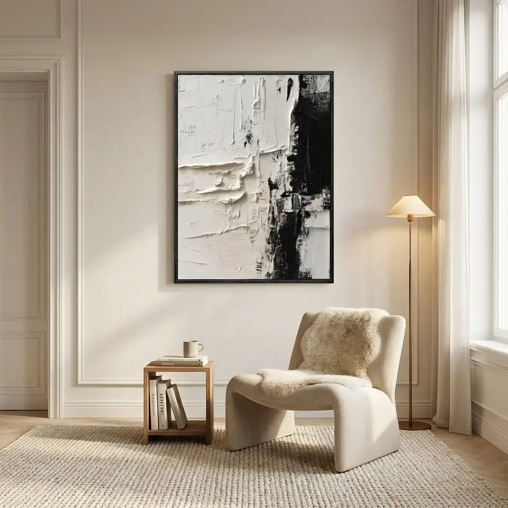 Modern interior with a chair, side table, and abstract art on the wall.