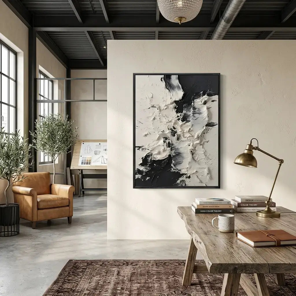 Modern interior with a wooden table, armchair, and abstract art on the wall.