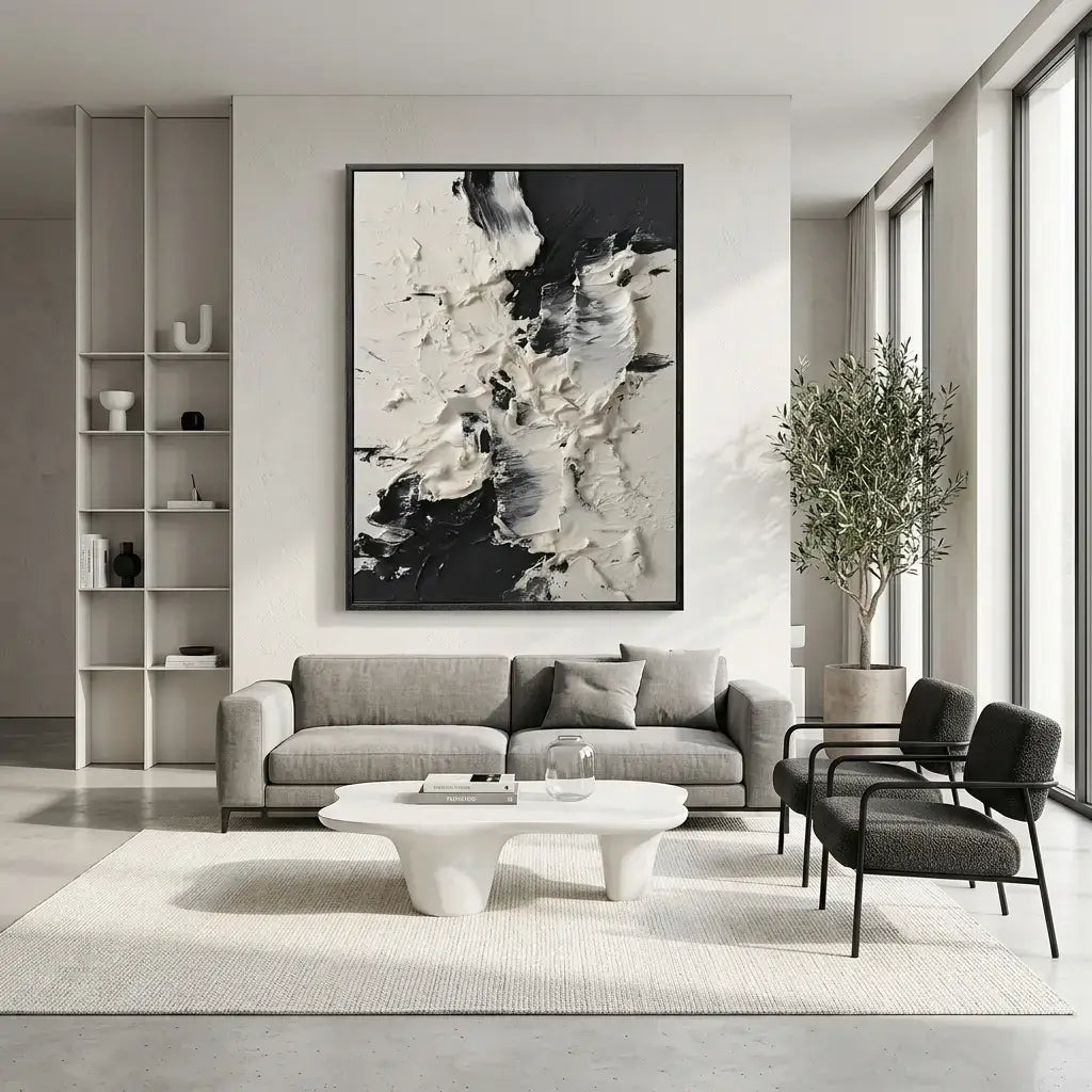 Modern living room with gray sofa, abstract art, and a plant.