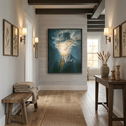 Modern interior hallway with a large painting of a man in a suit, wooden bench, and table.