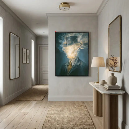 Modern hallway with a decorative painting on the wall, a lamp, and a console table.