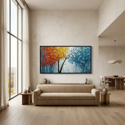 Modern living room with a colorful abstract painting on the wall, beige sofa, and large windows.