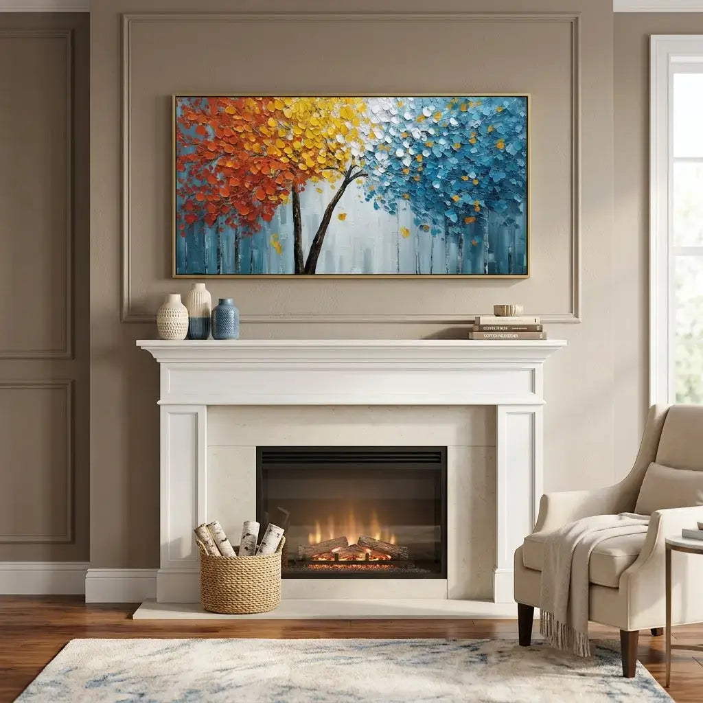 Living room with a fireplace and colorful abstract painting above it