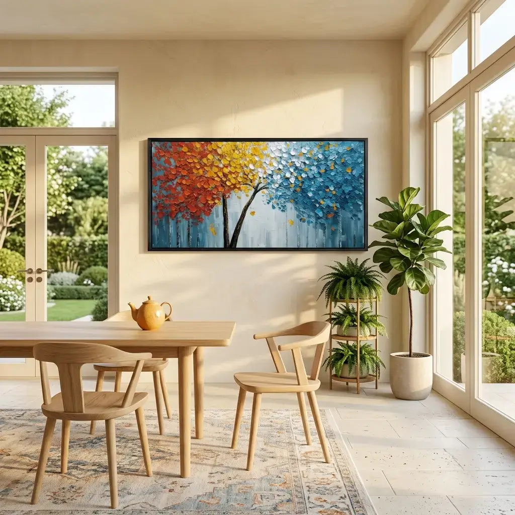 Dining room with a colorful abstract painting on the wall, wooden table, chairs, and potted plants.