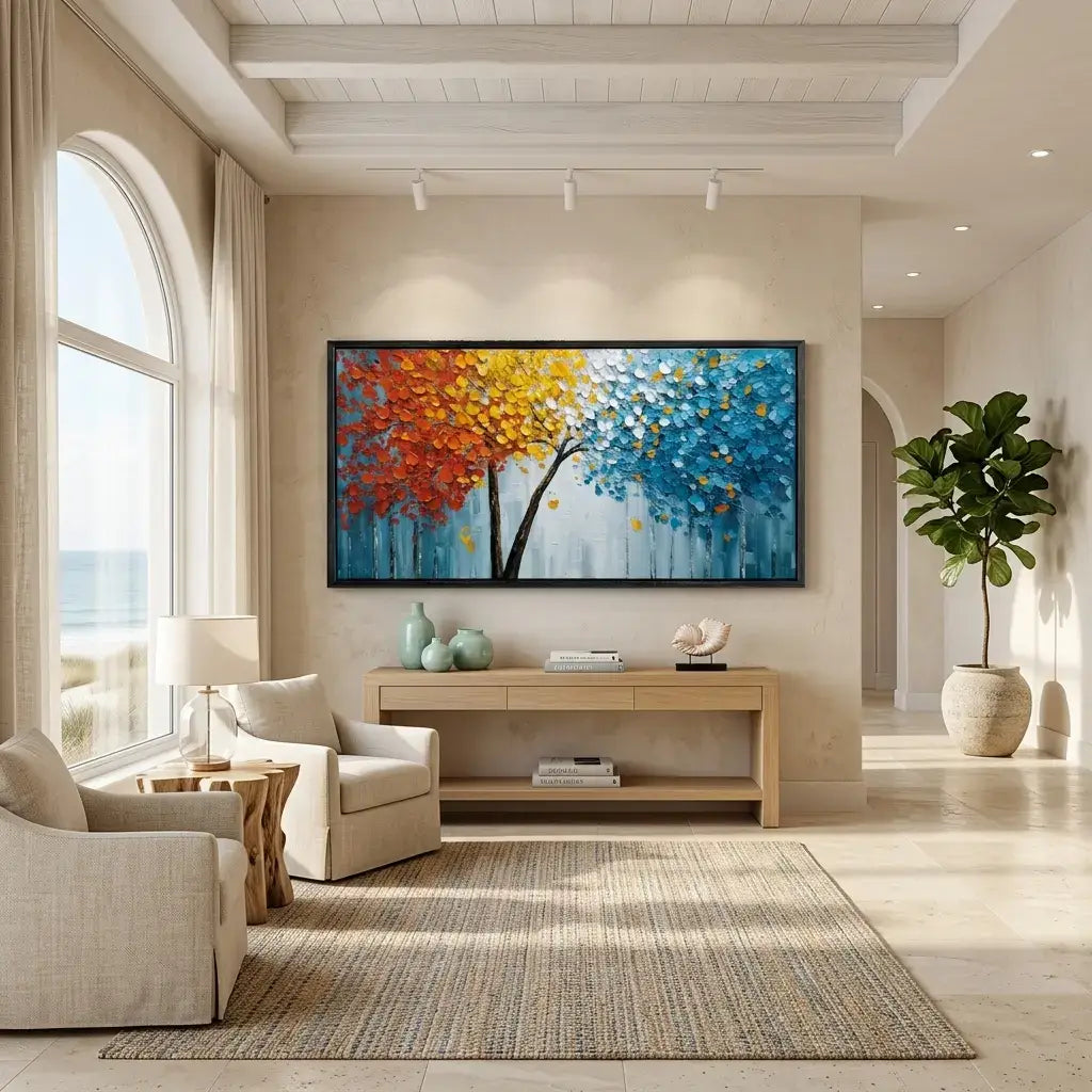Modern living room with a colorful abstract painting on the wall