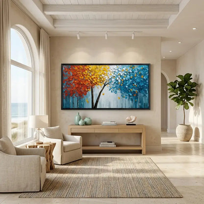 Modern living room with a colorful abstract painting on the wall