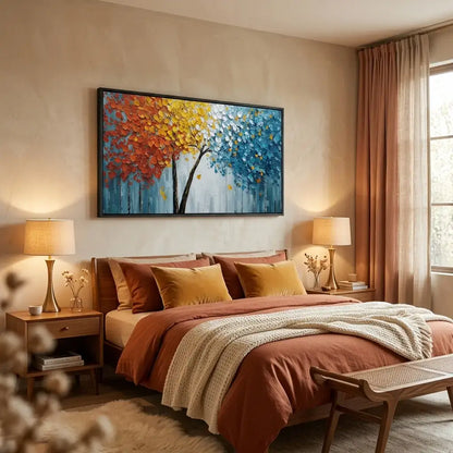 Cozy bedroom with a colorful abstract painting on the wall, bed with brown and beige bedding, and side tables with lamps.