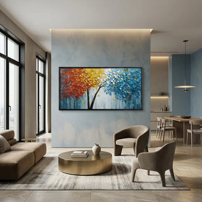 Modern living room with a colorful abstract painting on the wall