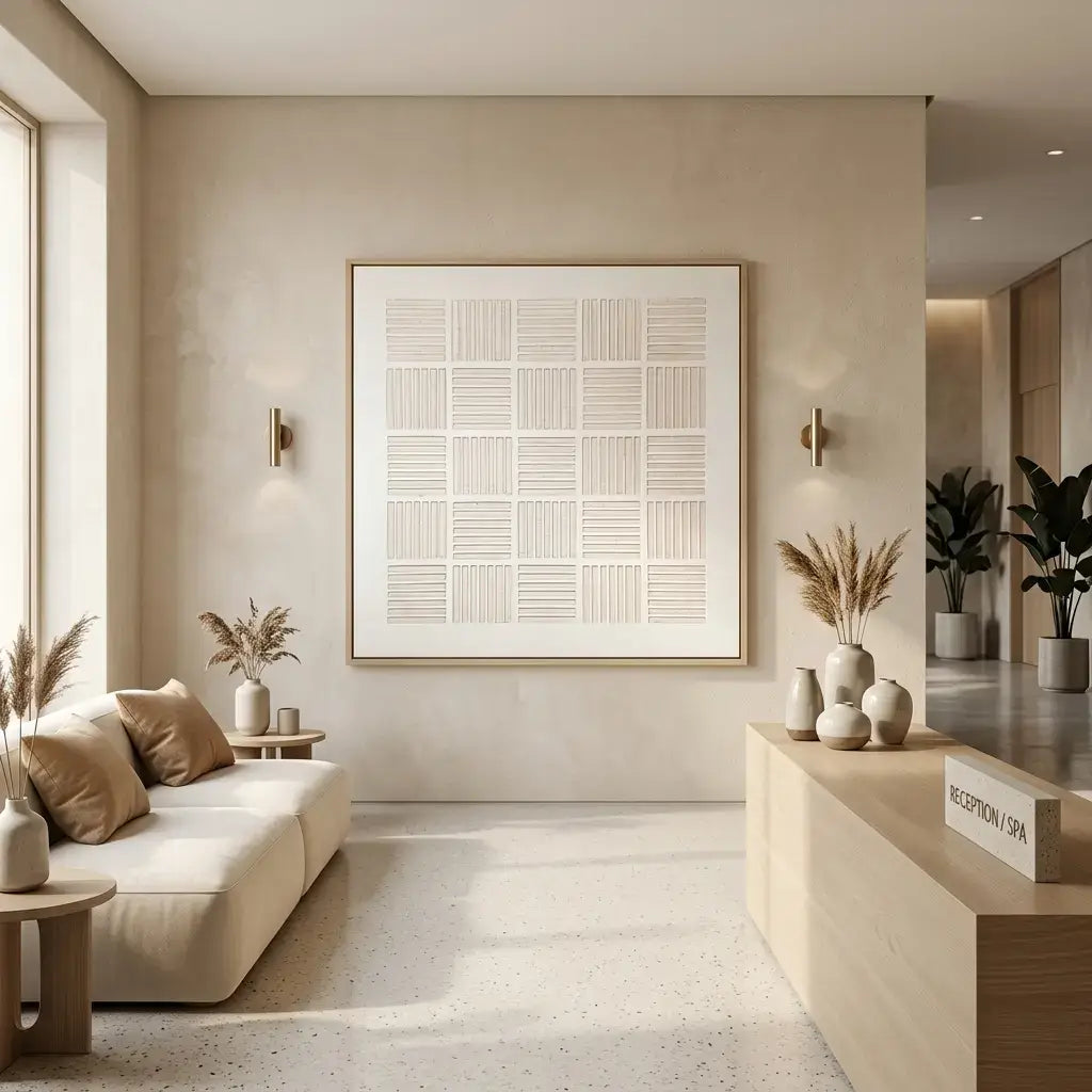 Modern living room with beige walls, a sofa, and decorative elements.