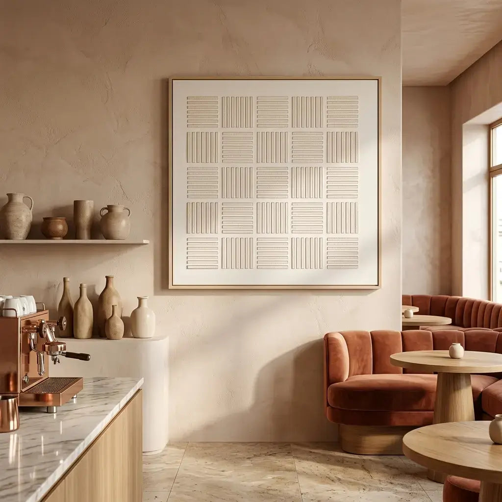 Modern café interior with a coffee machine, shelves with decorative items, and a wall art piece.