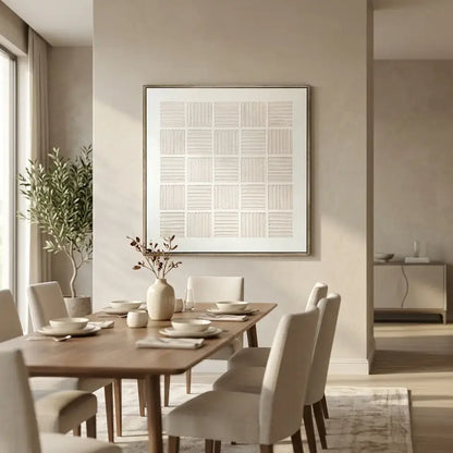 Modern dining room with wooden table, chairs, and decorative elements.