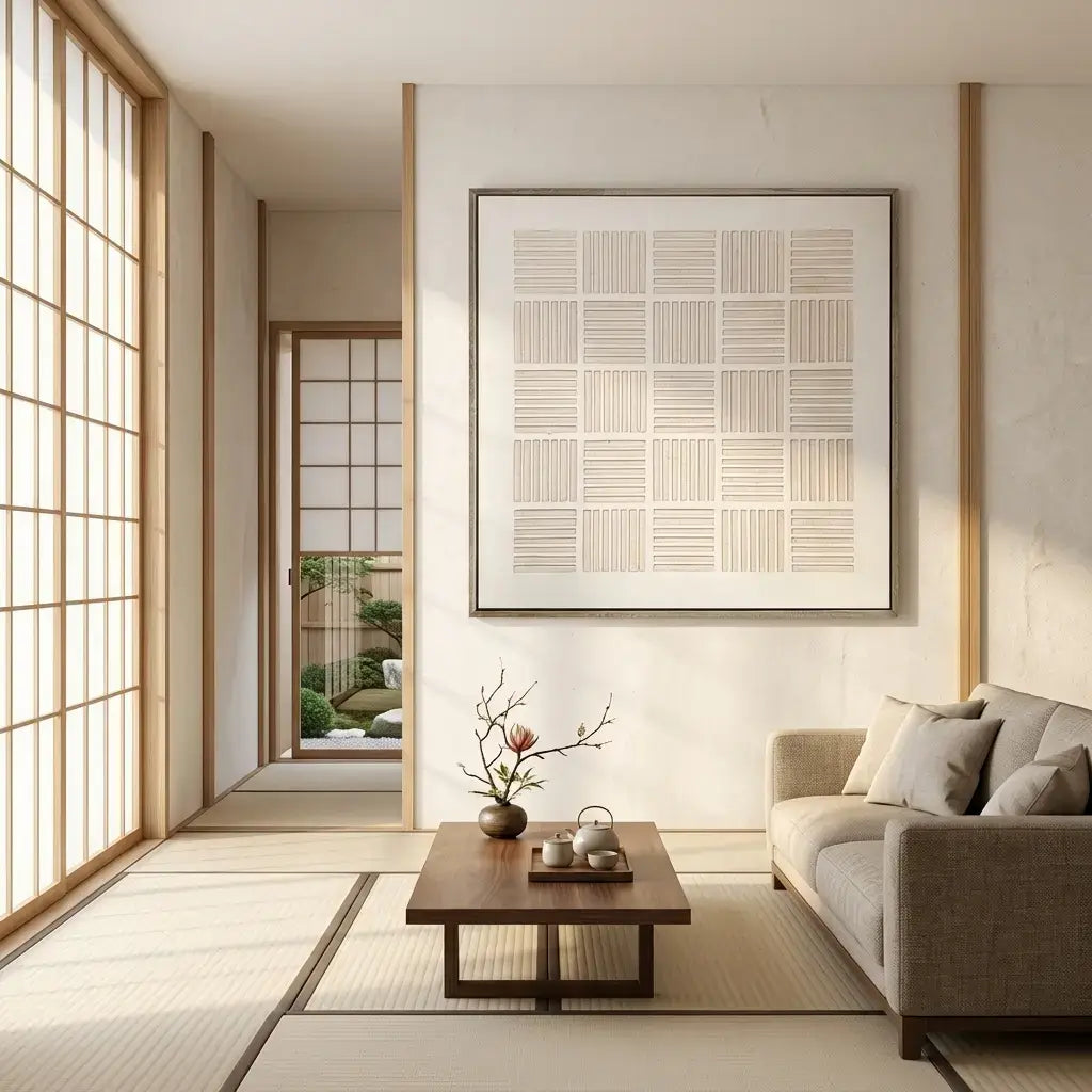 Modern living room with a sofa, coffee table, and decorative wall art.