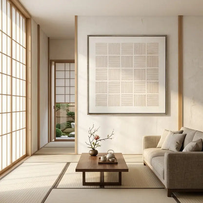 Modern living room with a sofa, coffee table, and decorative wall art.