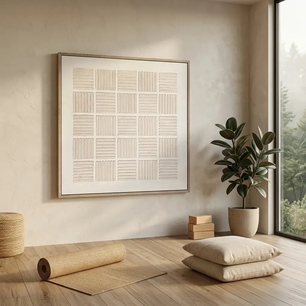 Modern interior with framed artwork, plant, and pillows on a wooden floor.