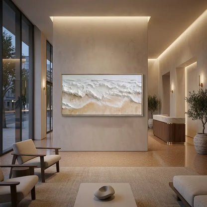 Modern living room with a large abstract painting on the wall