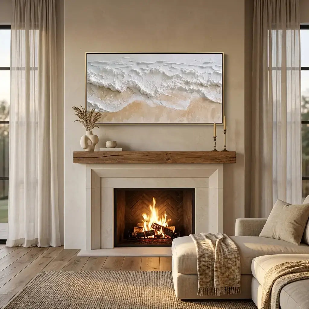 Cozy living room with fireplace, sofa, and decorative elements.