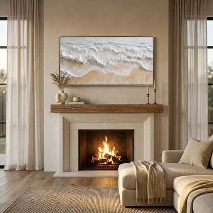 Cozy living room with fireplace, sofa, and decorative elements.