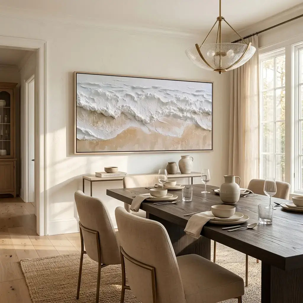 Dining room with a large abstract painting of waves on the wall, wooden table, and chairs.