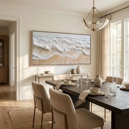 Dining room with a large abstract painting of waves on the wall, wooden table, and chairs.
