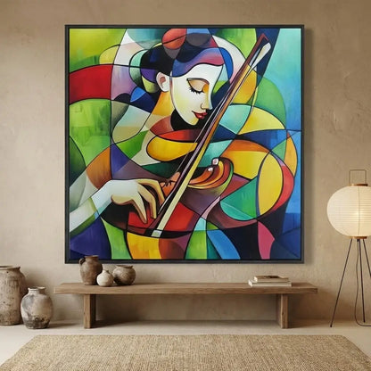 Colorful abstract painting of a woman playing the violin in a room with a wooden bench and decorative vases.