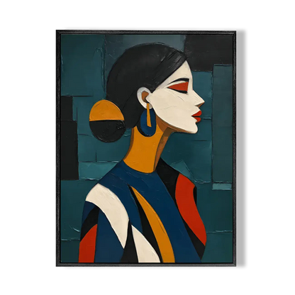 Abstract art painting of a woman with geometric shapes on a textured background