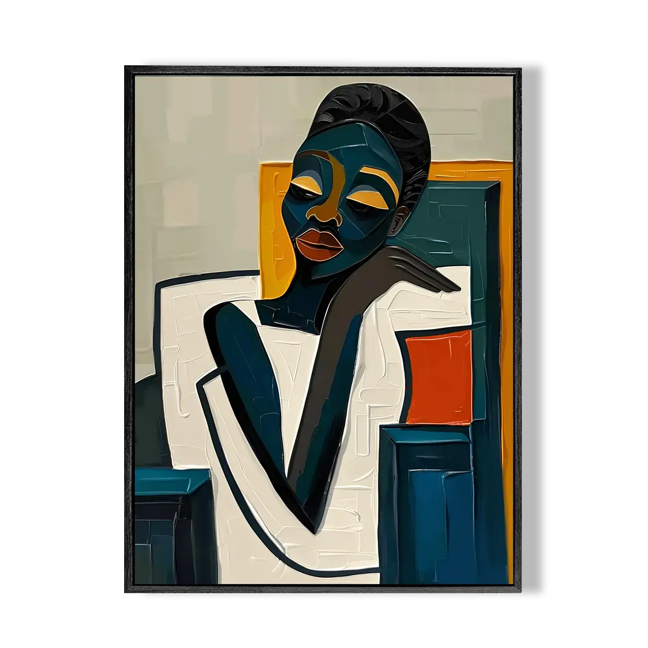Framed abstract artwork of a stylized face with geometric shapes on a beige background