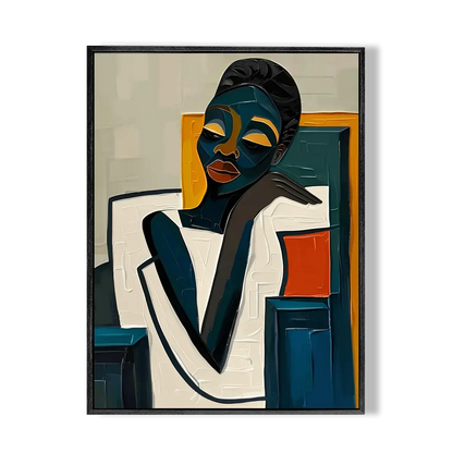 Framed abstract artwork of a stylized face with geometric shapes on a beige background