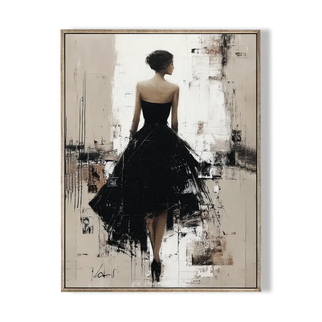 Framed artwork of a woman in a black dress on an abstract background