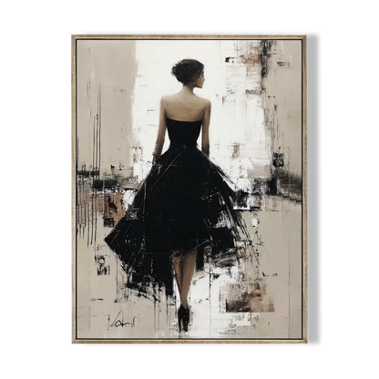 Framed artwork of a woman in a black dress on an abstract background