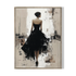Framed artwork of a woman in a black dress on an abstract background