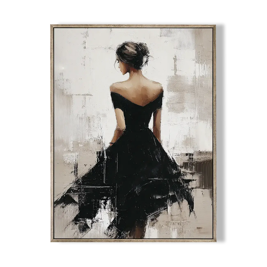 Framed artwork of a woman in a black dress against an abstract background
