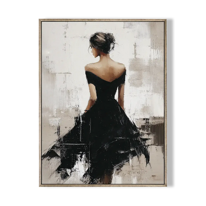 Framed artwork of a woman in a black dress against an abstract background