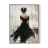 Framed artwork of a woman in a black dress against an abstract background