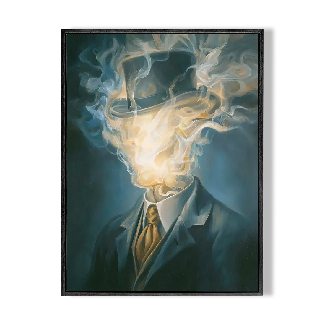 Framed artwork of a person in a suit with smoke emerging from their head on a white background