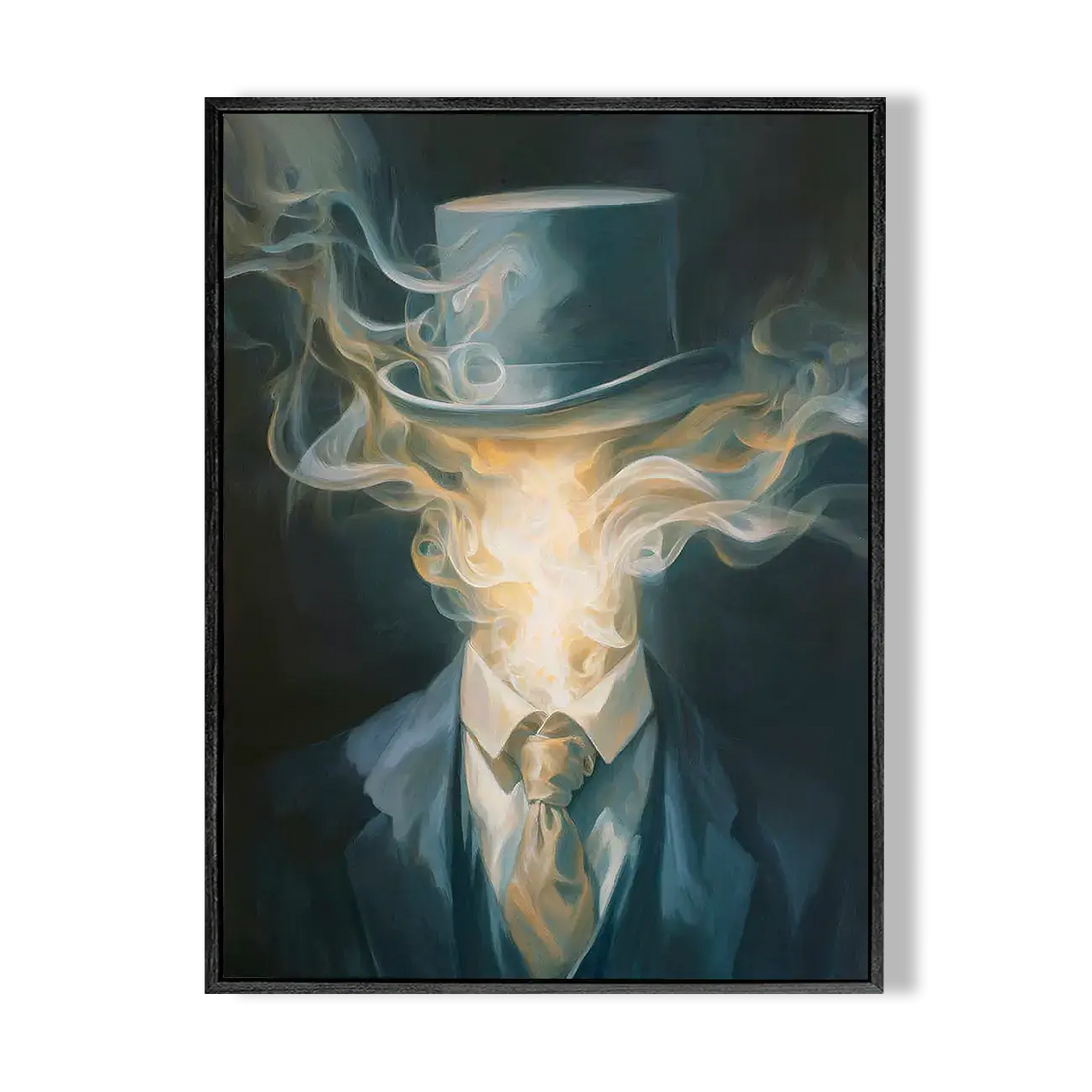 Framed artwork of a person in formal attire with a top hat made of smoke on a dark background