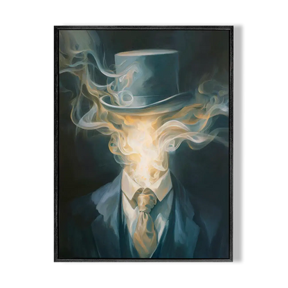 Framed artwork of a person in formal attire with a top hat made of smoke on a dark background